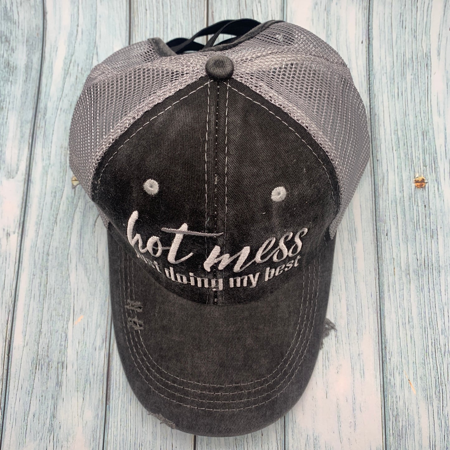 Hot Mess Ponytail Hat – Distressed Criss-Cross Baseball Cap with Velcro Closure