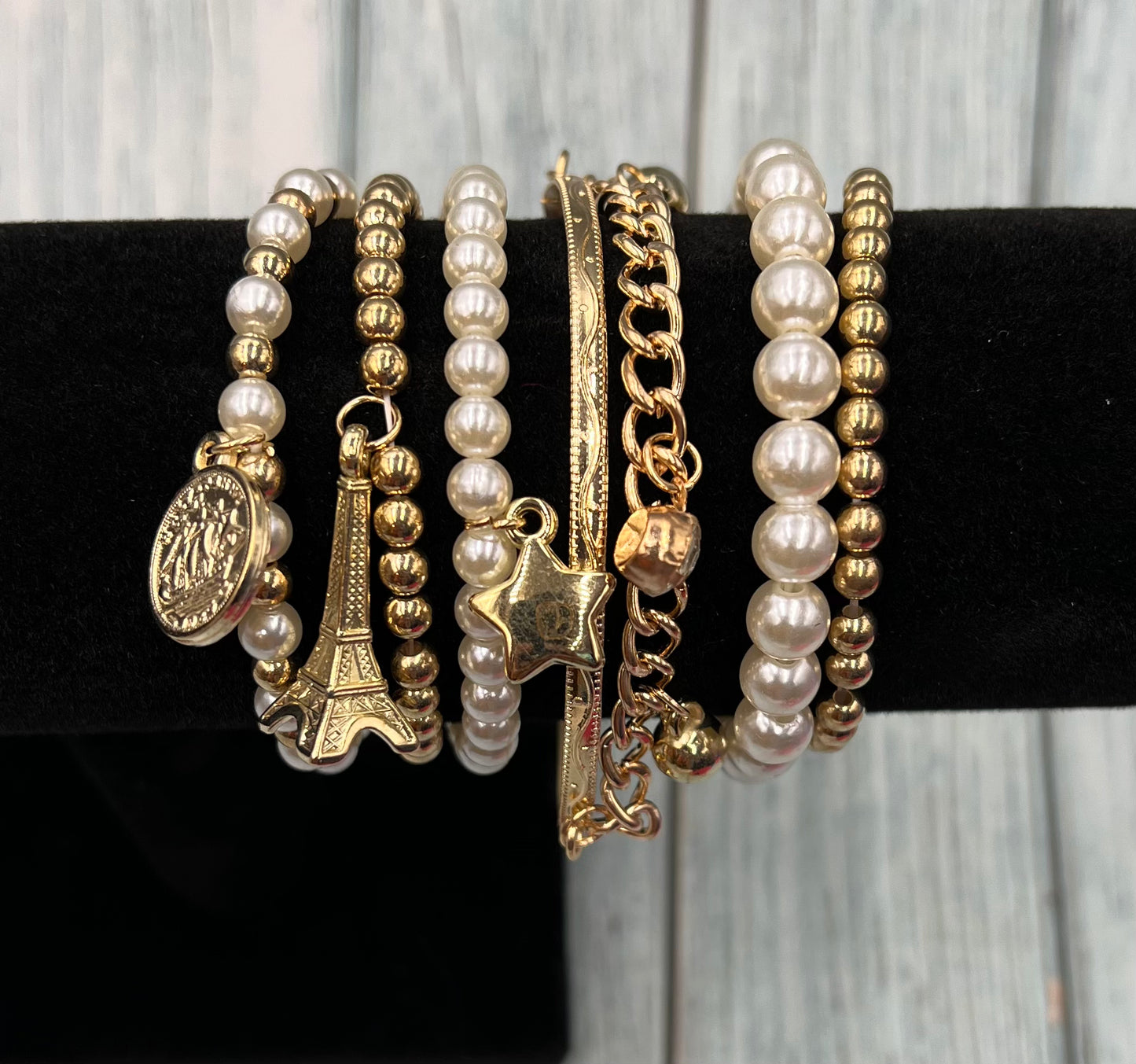 Pearl Vintage Bracelet Coin Six-piece Jewelry Multi-layer Elastic Bracelet