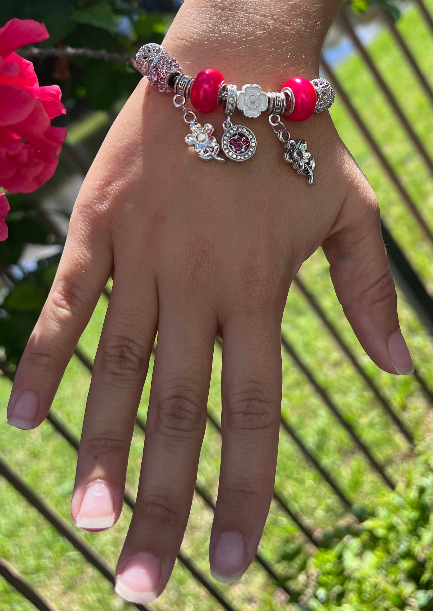Red Glaze Big Hole Beads Silver Bangle Bracelet – Fashion Jewelry for Women