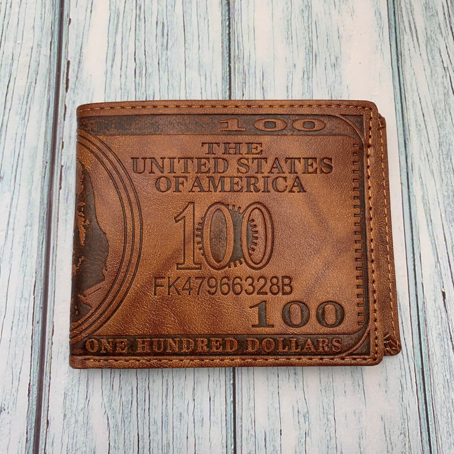 Men’s PU Leather Bifold Wallet – 100 Dollar Bill Design with Card, Photo & Coin Slots (Light Coffee)