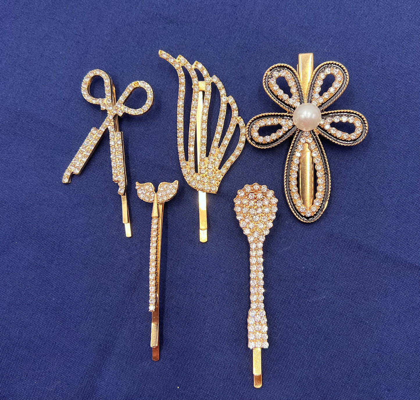 Metal Feather Flower Ribbon Pearl Hairpin Set with Rhinestone
