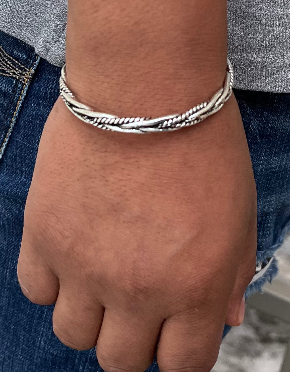Silver Mens Bracelet Thai Handmade Vintage Open Bangle Twisted Cuff Bracelets