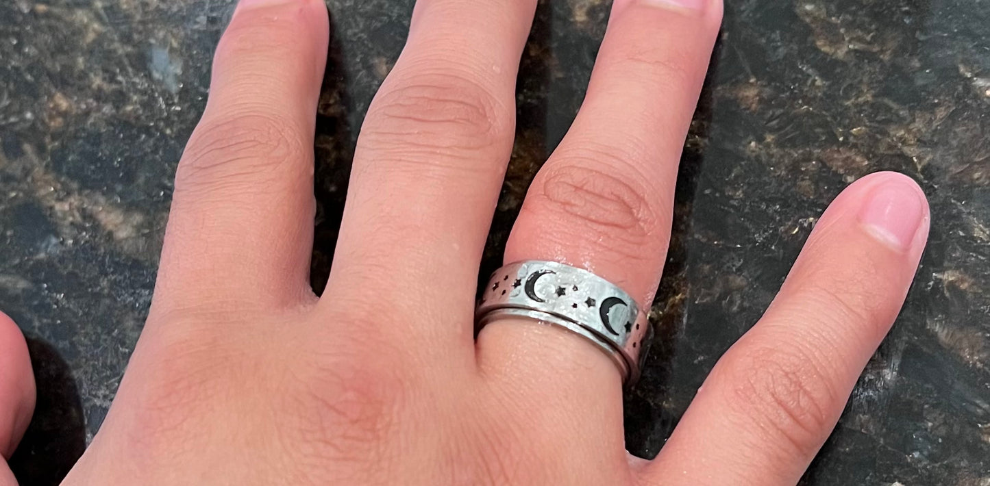 Stainless Steel Fidget Spinner Ring Silver Black Moon Stars Band -7