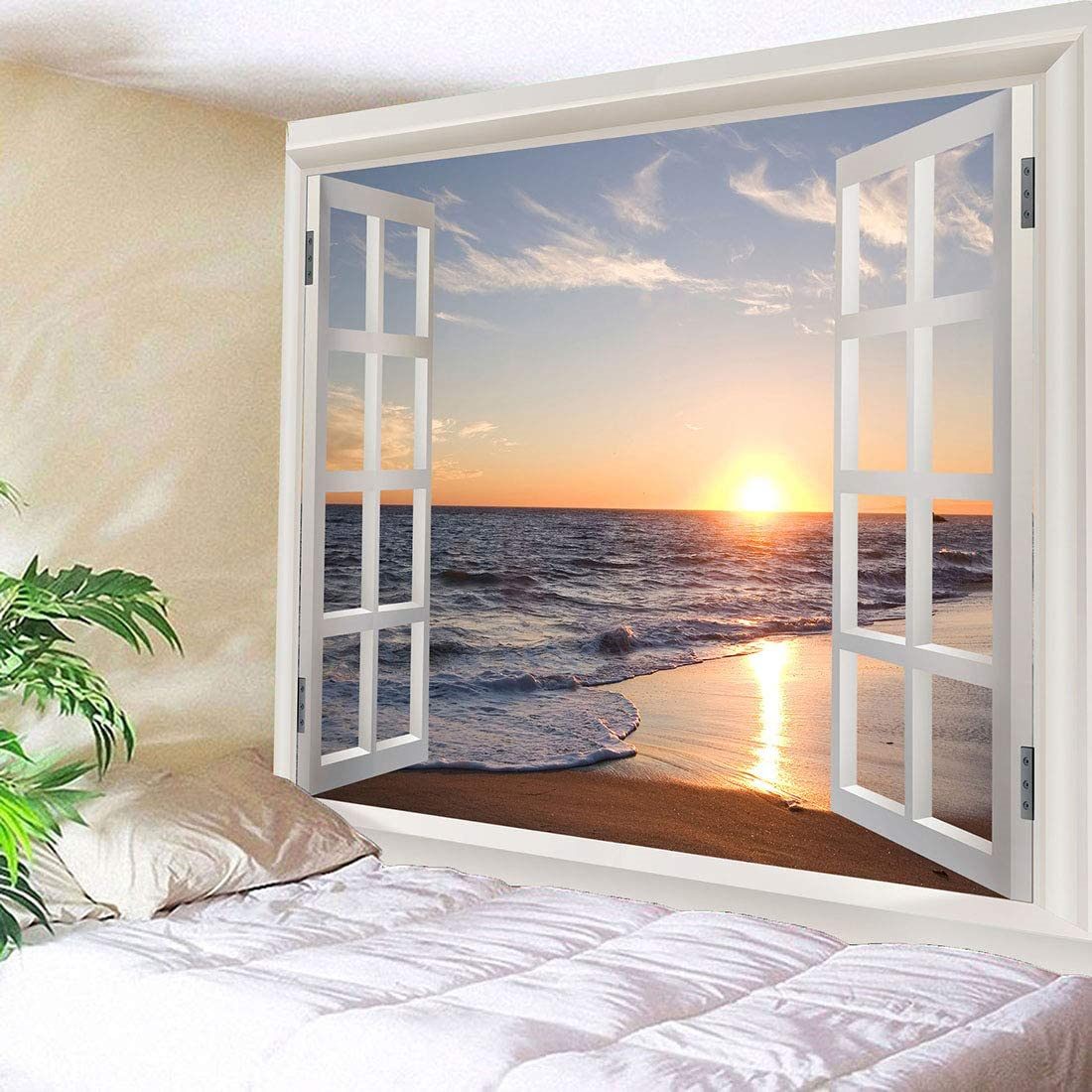 3D Ocean Window Tapestry Sun Sunset Sea Beach Landscape (60x80")