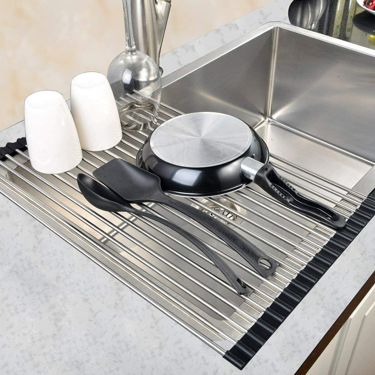 ❗️NEW❗️ Extra Large Over the Sink Drying Rack Stainless Steel Roll-Up Dish Food Drainer