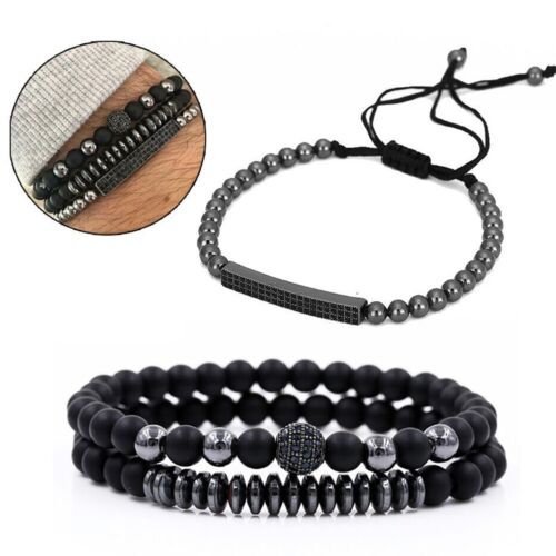 3pcs Black Beads Stainless Steel Bracelet Bangle Jewelry Gift For Men