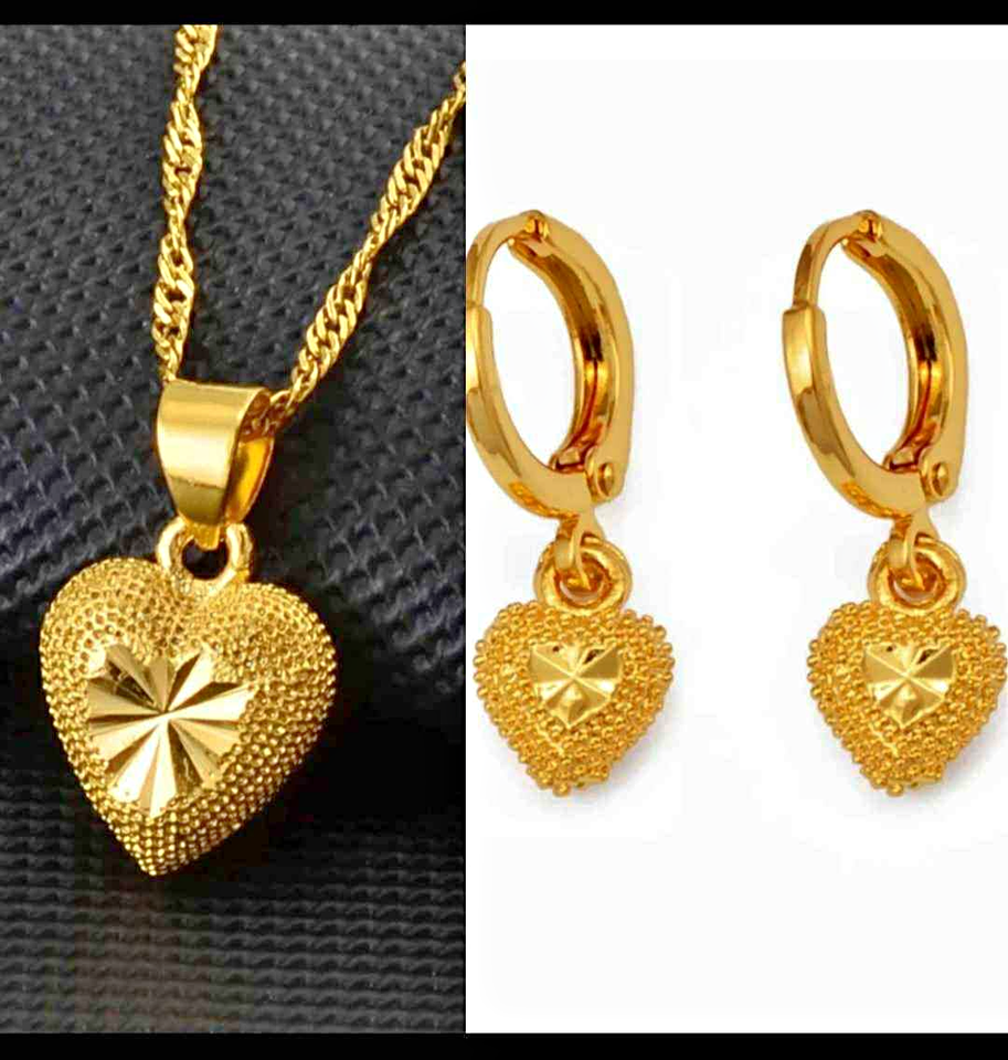 24K Dubai Gold Plated Heart Earrings Necklace Jewelry Set in Gift Box π