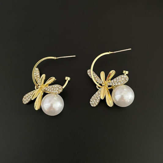 14K Gold Flower Pearl Zircon Drop Earrings – 12MM Pearl Bridal Studs for Women | Elegant Wedding Jewelry