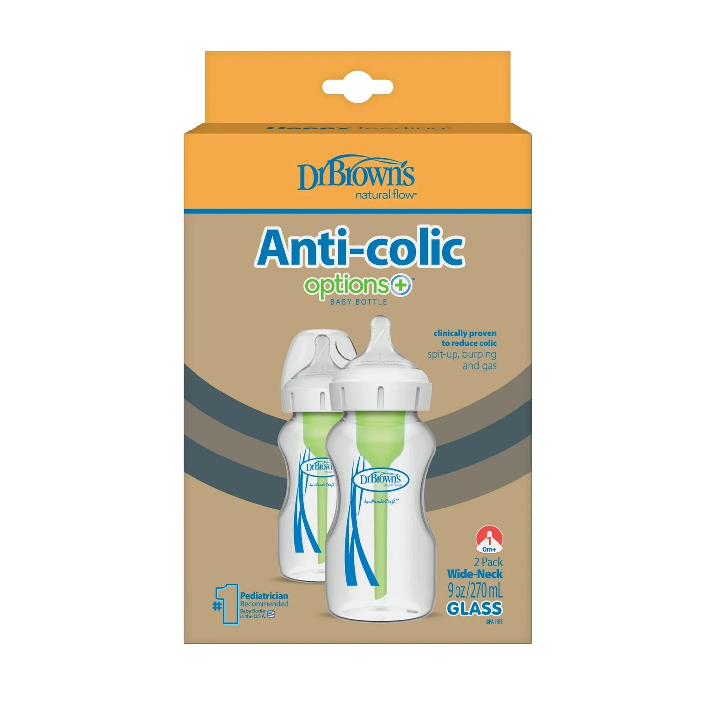 Dr. Brown's Anti-Colic Options+ Wide-Neck Glass Baby Bottle, 9 oz/270 ml, Slow Flow Nipple, BPA Free, 0m+ 2 Pack
