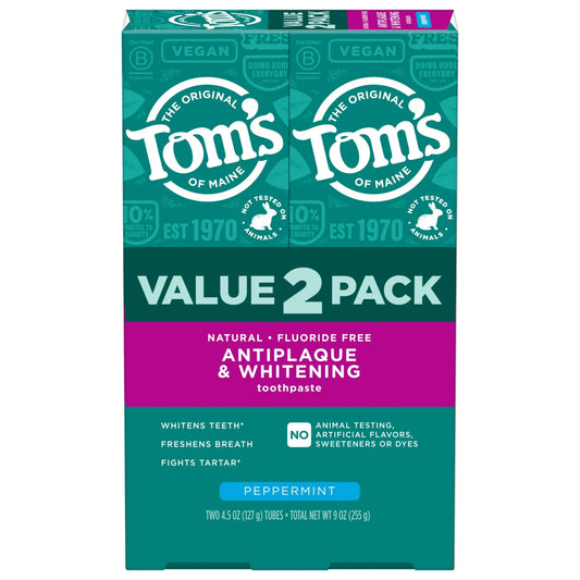 Tom’s of Maine Antiplaque and Whitening Fluoride Free Toothpaste, Peppermint, 4.5 Oz