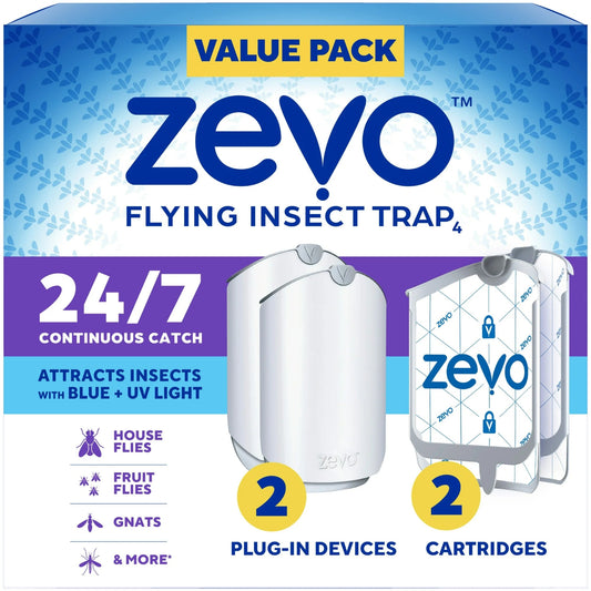 Zevo Flying Insect Indoor Fly Trap: Easy, Mess Free Solution Light Trap Catches & Kills House Flies, Fruit Flies, Gnats, & More - Value Pack (2 Plug in Devices + 2 Refill Cartridges)