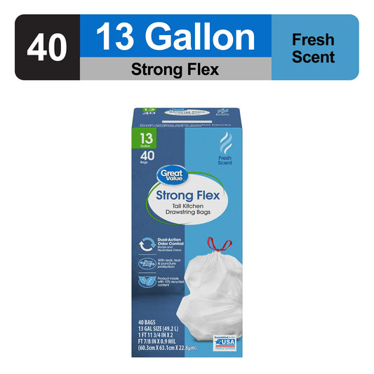 Great Value 13-Gallon White Strong Flex Drawstring Tall Kitchen Garbage Bags, Fresh Scent, 40 Bags