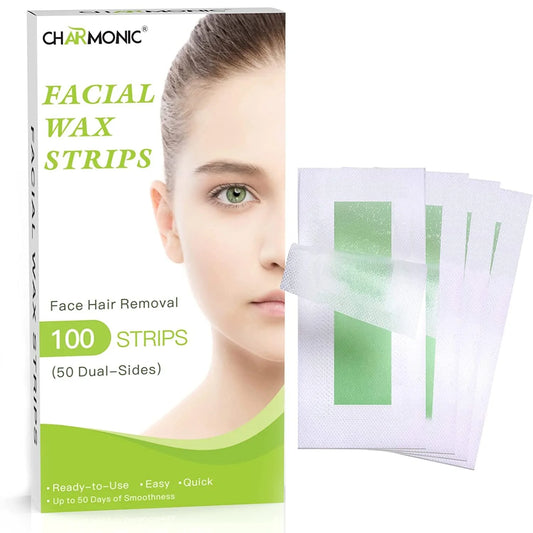 Charmonic 100pcs Natural Facial Wax Strips Hypoallergenic Hair Removal Waxing Kit for All Skin Types