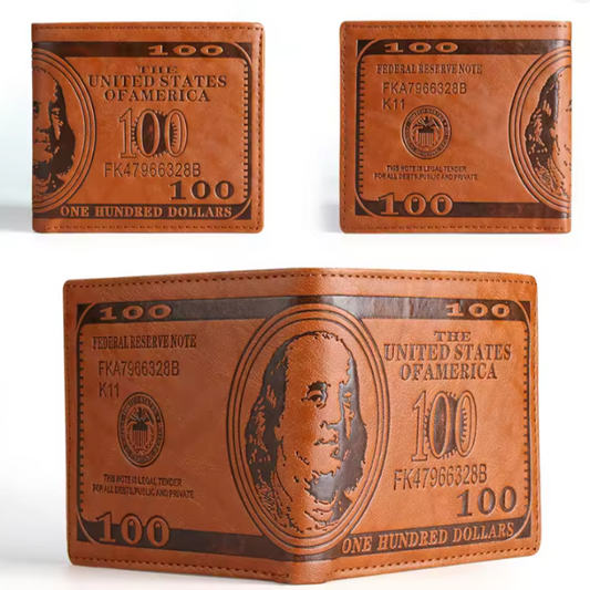 Men’s PU Leather Bifold Wallet – 100 Dollar Bill Design with Card, Photo & Coin Slots (Light Coffee)