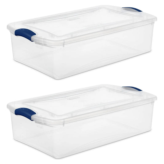Sterilite Small Storage Bin, 32 Quart Clear Underbed Storage Container with Latch Lid, Blue