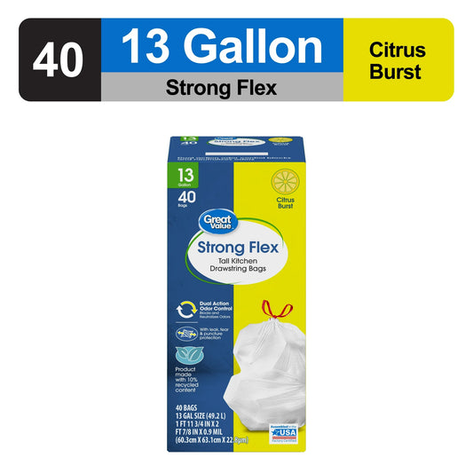 Great Value 13-Gallon Drawstring Strong Flex Tall Kitchen Trash Bags, Citrus Burst Scent, 40 Bags