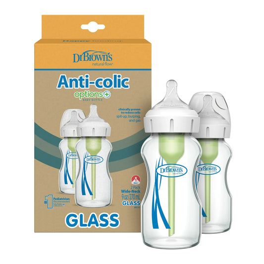 Dr. Brown's Anti-Colic Options+ Wide-Neck Glass Baby Bottle, 9 oz/270 ml, Slow Flow Nipple, BPA Free, 0m+ 2 Pack