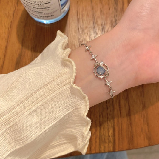 Silver Moonstone Planet Bracelet – Star & Moon Charm Alloy Jewelry for Women