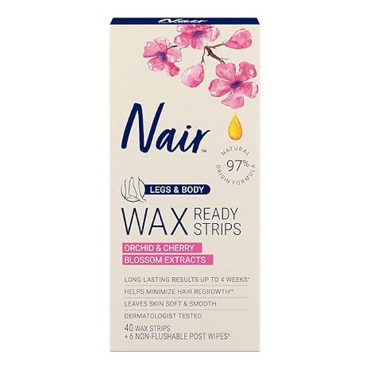 Nair Hair Remover Wax Ready Strips for Legs & Body, No Mess Waxing Kit for Hair Removal, 40ct Wax Strips