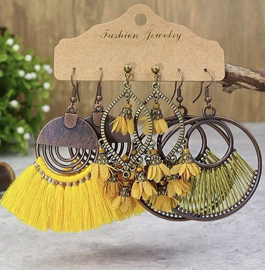 3-Pair Boho Earrings Set – Yellow Spring/Summer Nickel-Free Dangle Earrings for Women