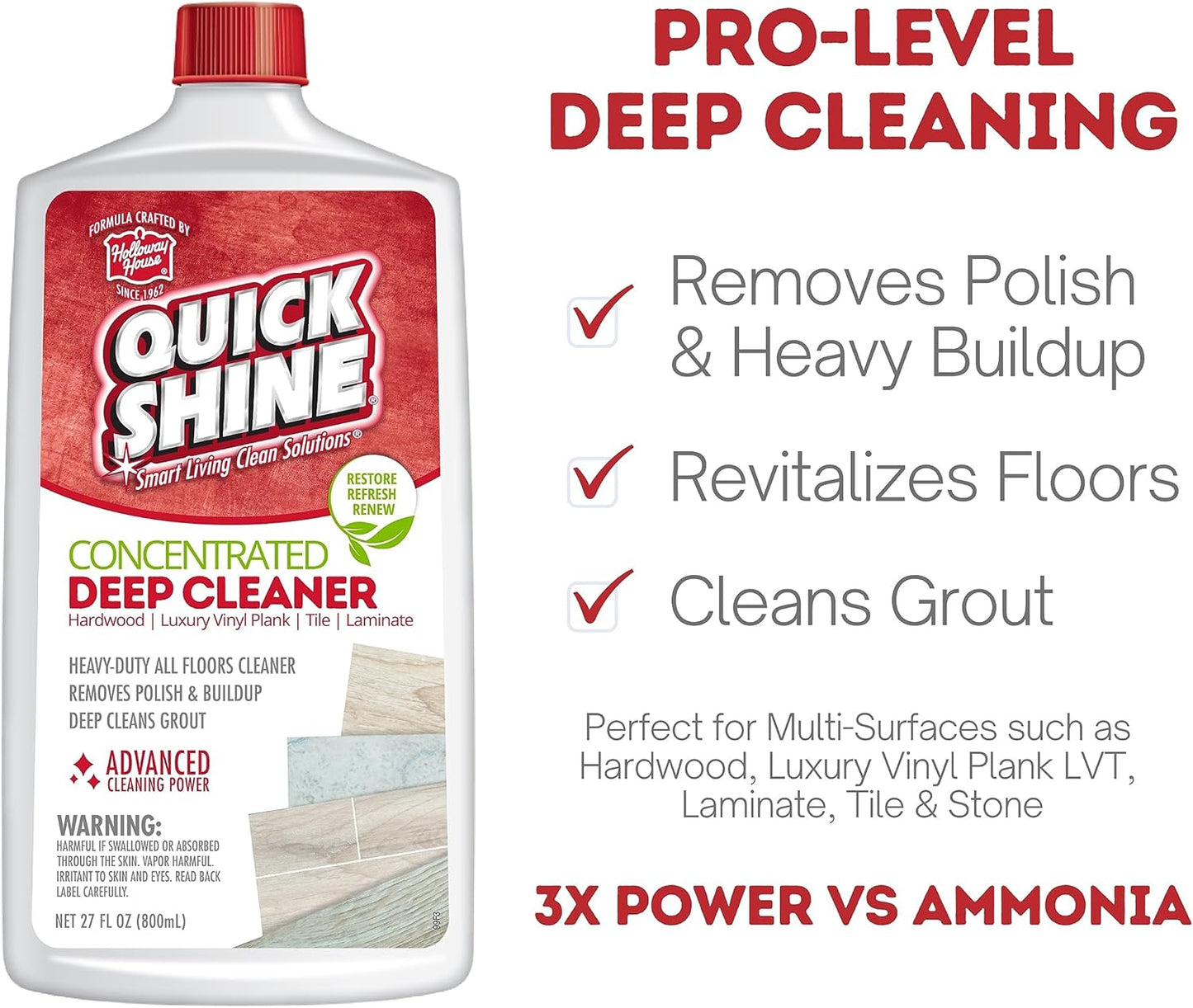 Quick Shine Multi Surface Deep Floor Cleaner and Remover 27oz | Removes Wax Build-Up, Revitalizes Floors & Cleans Grout | Use on Hardwood, Laminate, LVT, Tile and Stone | Pro-Level Cleaning