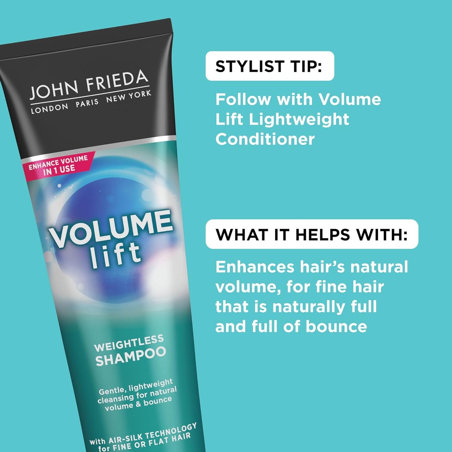 John Frieda Volume Lift Weightless Shampoo, Volumizing Shampoo with Air-Silk Technology for Fine or Flat Hair, Adds Natural Fullness, Safe for Color-Treated Hair, 8.45 Oz