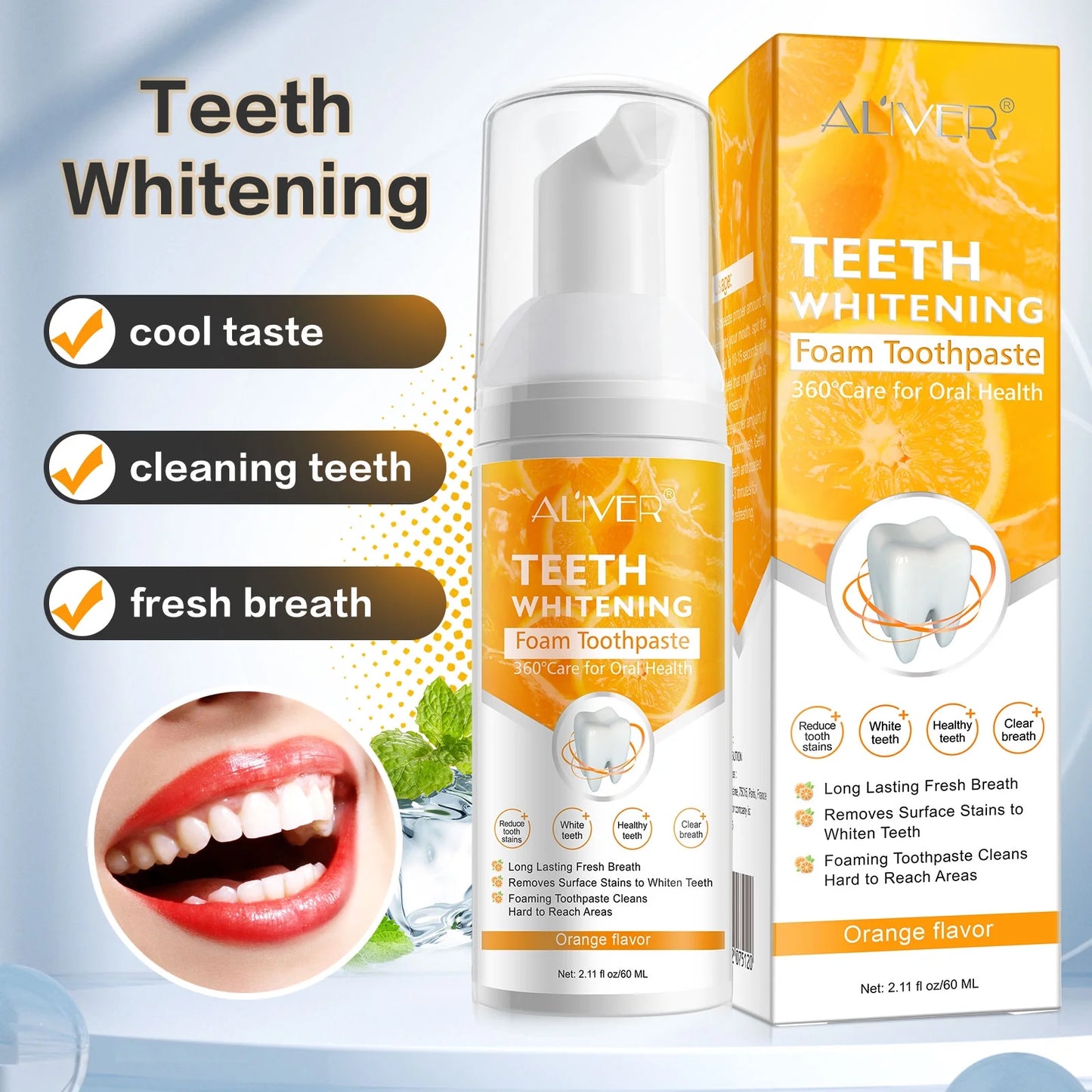 Foaming Mousse Toothpaste for Adults 360°Comprehensive Cleaning Teeth for Oral Health Aliver Teeth Whitening Foam Toothpaste