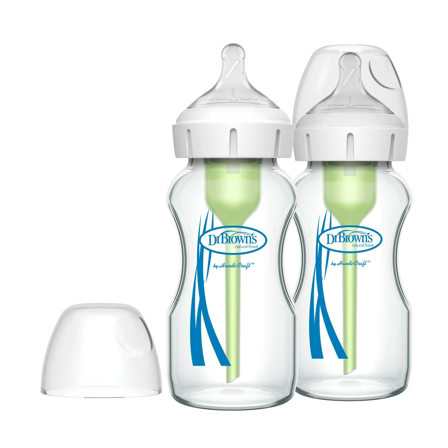 Dr. Brown's Anti-Colic Options+ Wide-Neck Glass Baby Bottle, 9 oz/270 ml, Slow Flow Nipple, BPA Free, 0m+ 2 Pack