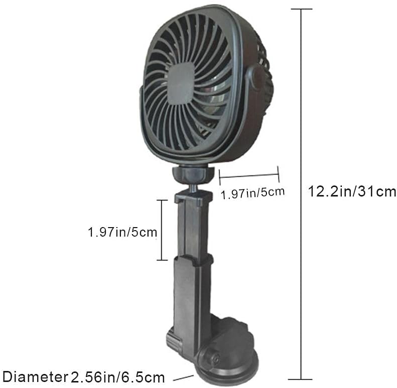 Black Car Oscillating Fan with Suction Cup, Mini Car USB Fan with Multi-Directional Hook