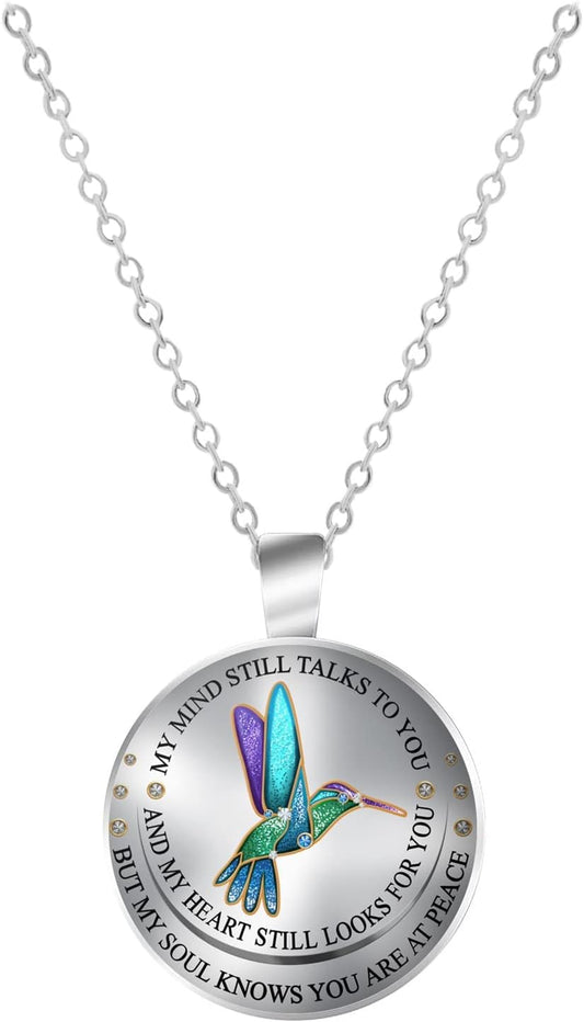 My Mind Still Talks To You" HummingBird - Glass Cabochon Silver Charm Pendant Necklace, Memorial