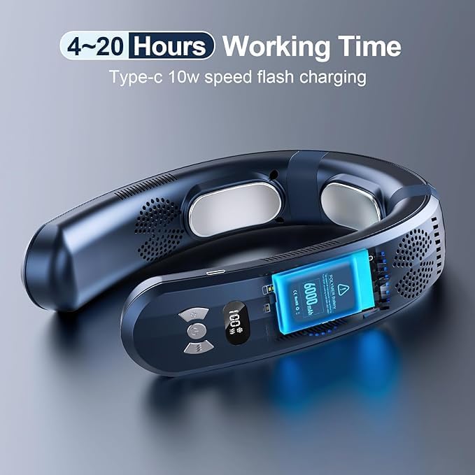 Personal Air Conditioner 6000mAh Neck Fan Rechargeable 3-Speed Portable Neck Fan