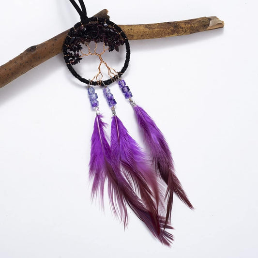 Tree of Life Dream Catcher for Car – Purple Feather Rear View Mirror Hanging Ornament | Crystal Small Dreamcatcher Pendant for Aesthetic & Protection