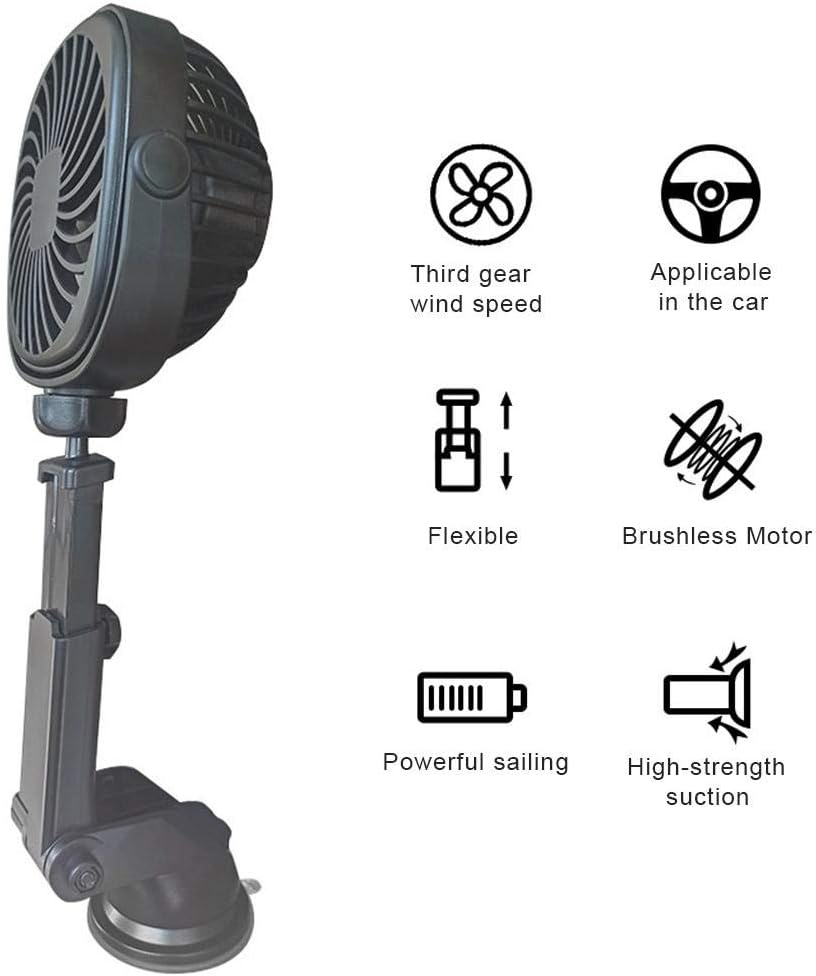 Black Car Oscillating Fan with Suction Cup, Mini Car USB Fan with Multi-Directional Hook
