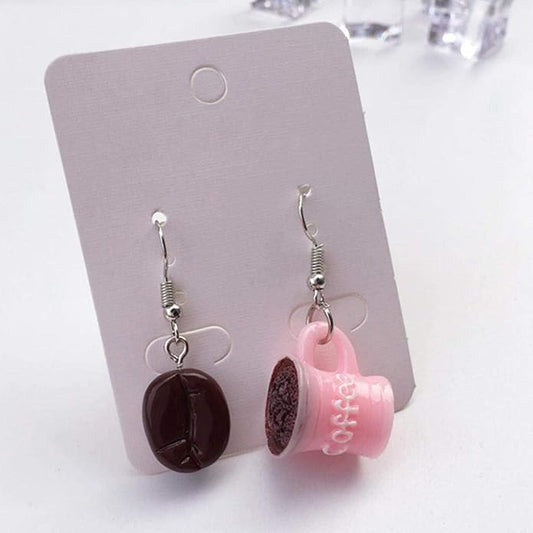 Pink Asymmetric Coffee Bean & Cup Dangle Earrings – Creative Drop Hook Jewelry Gift for Women