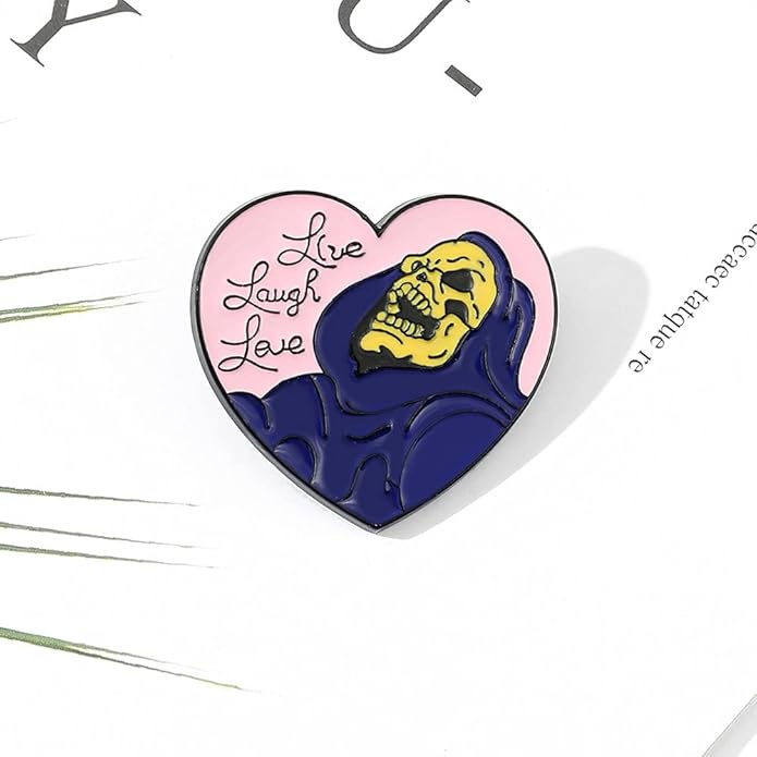 🖤 “Live, Laugh, Love” Heart & Skull Enamel Pin – Cute Gothic Lapel Badge for Jackets & Bags
