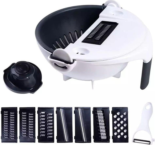 7-in-1 Vegetable Shredder Bowl with Drain Basket – Multi-Blade Slicer & Fruit Washer