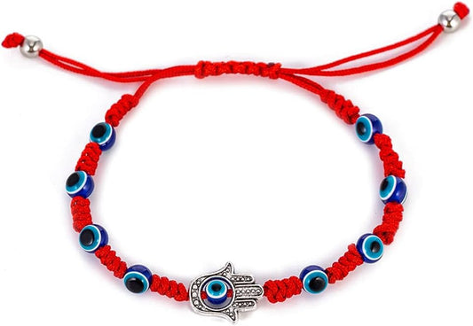 Adjustable Red Rope Bracelet – Blue Evil Eye & Hamsa Hand Charm | Braided Protection Amulet for Men & Women