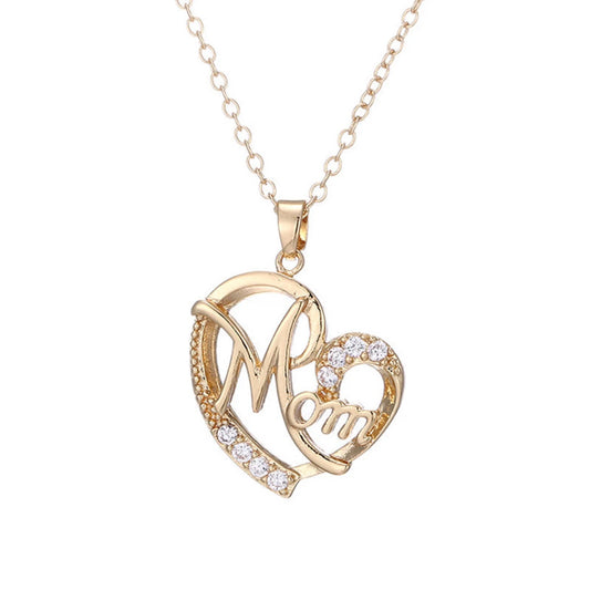 Elegant “Mom” Love Pendant Necklace – Sparkling Rhinestone Heart, Alloy Chain – Perfect Gift for Mother’s Day, Birthdays &amp; More