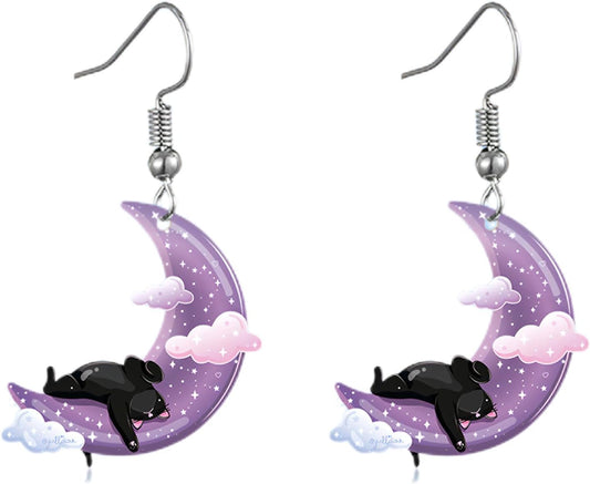 Cute Cat & Moon Cartoon Animal Dangling Earrings – Lightweight Acrylic Pendant Earrings for Women & Girls