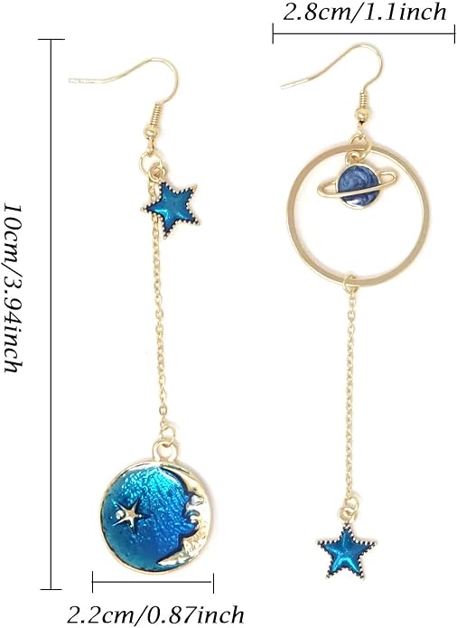 Gold-Plated Moon Star Earth Planet Asymmetrical Earrings – Chic Long Pendant Dangle Jewelry for Women