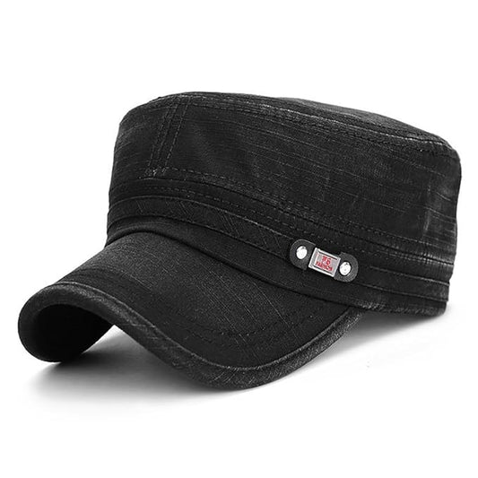 Black Cadet Army Cap – Washed Cotton Military Flat Top Hat, Adjustable One Size Fits All