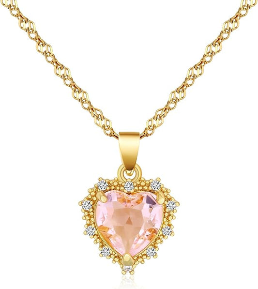Crystal Love Heart Necklace for Women 14K Gold Plated with Birthstone Charm Pendant Necklace,