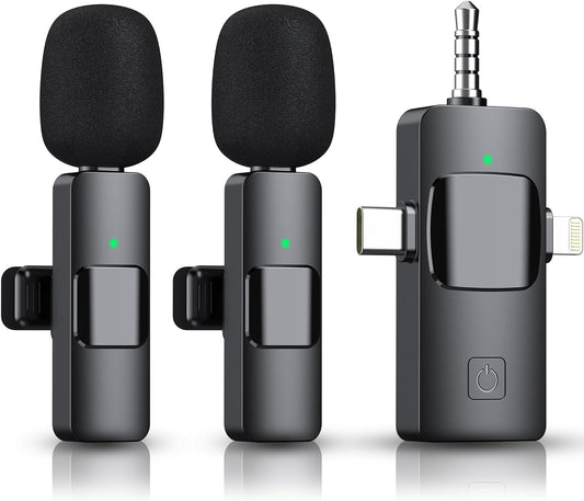 3 in 1 Wireless Clip-on Microphones for iPhone, Camera, Android, iPad, Mini Microphone Video Recording