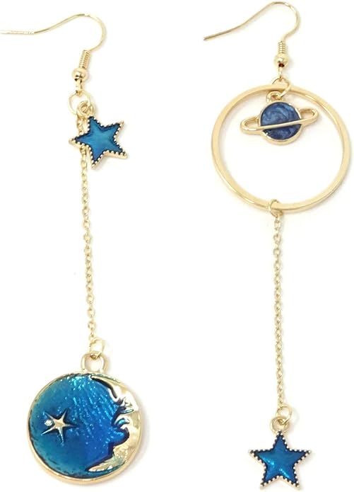 Gold-Plated Moon Star Earth Planet Asymmetrical Earrings – Chic Long Pendant Dangle Jewelry for Women