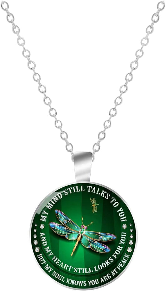 Dragonfly Memorial Necklace – “My Mind Still Talks to You” Silver Chain, 21 Inches