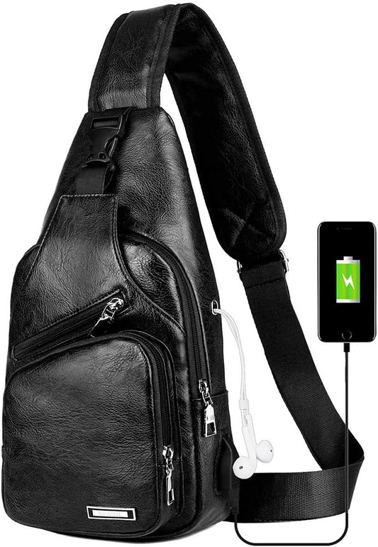Black Chest Crossbody Bag Sling Backpack for Men with USB Charge Port