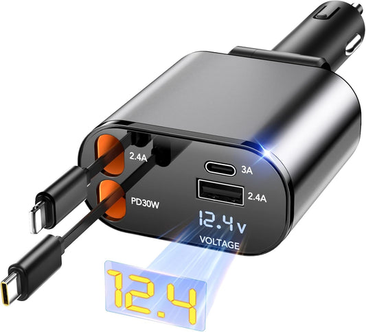 Retractable Car Charger, 4 in 1 Fast Car Phone Charger 66W