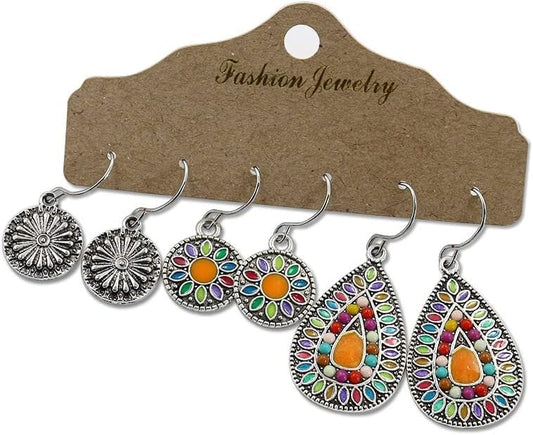 Ethnic Style N3 Pairs Boho Drop Earrings for Women – Vintage Bohemian Ethnic Dangle Set | Handmade Statement Jewelryew Drop Oil Flowers Earrings Set