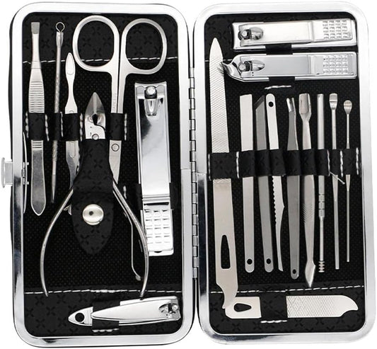 19-in-1 Stainless Steel Manicure Set – Nail Clippers Kit with Leather Travel Case for Hand, Foot, and Facial Care