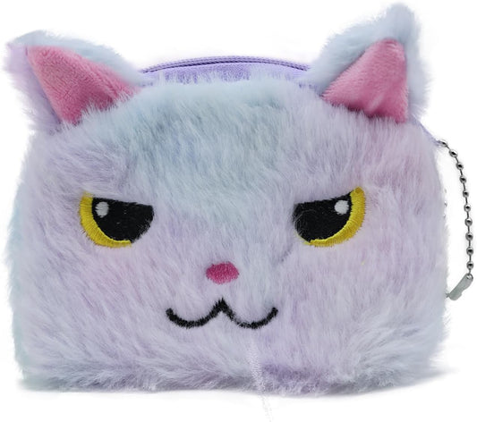 Cat Coin Purse – Tie Dye Rainbow Plush Zipper Wallet with Keychain (Blue-Purple) | Cute Mini Cat Pouch for Girls, Women & Kids